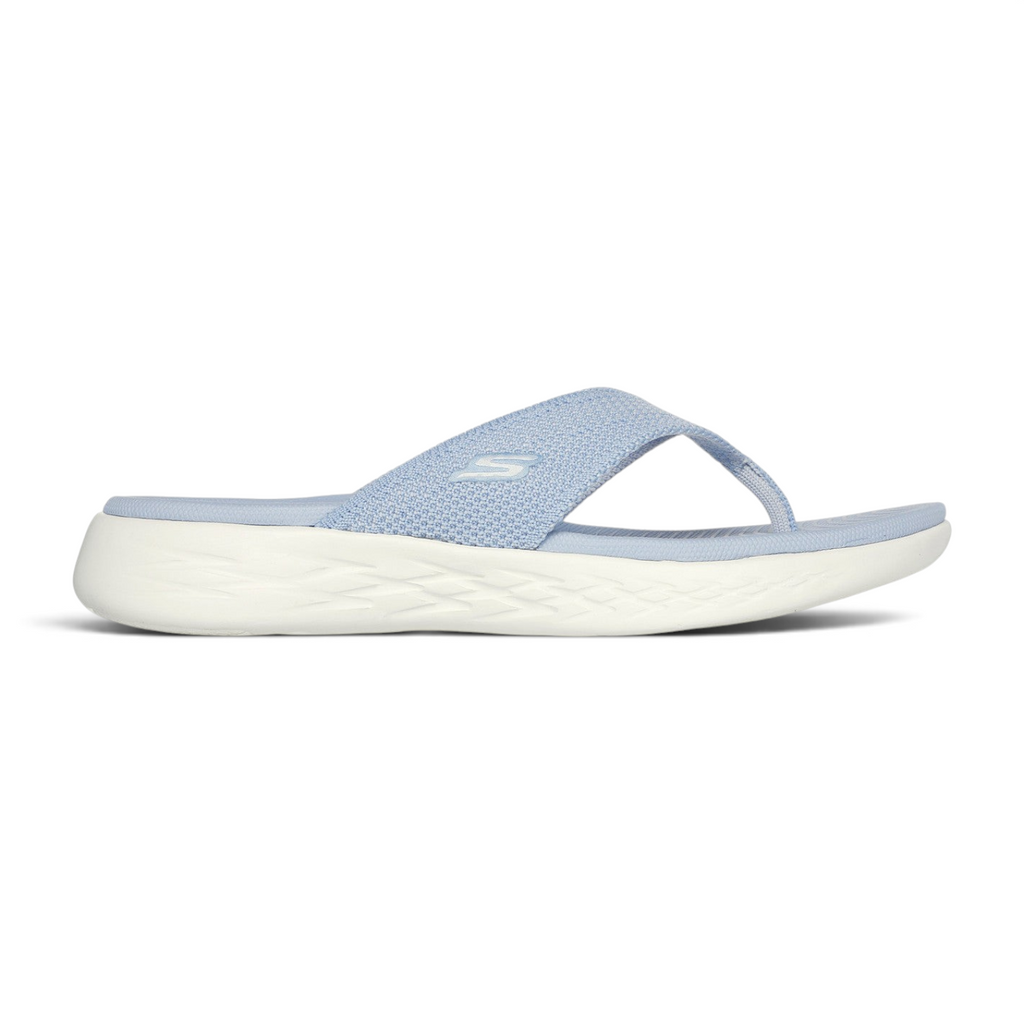 FRG Skechers On-the-GO 600 Flourish periwinkle blue woven thong sandal with white cushioned sole