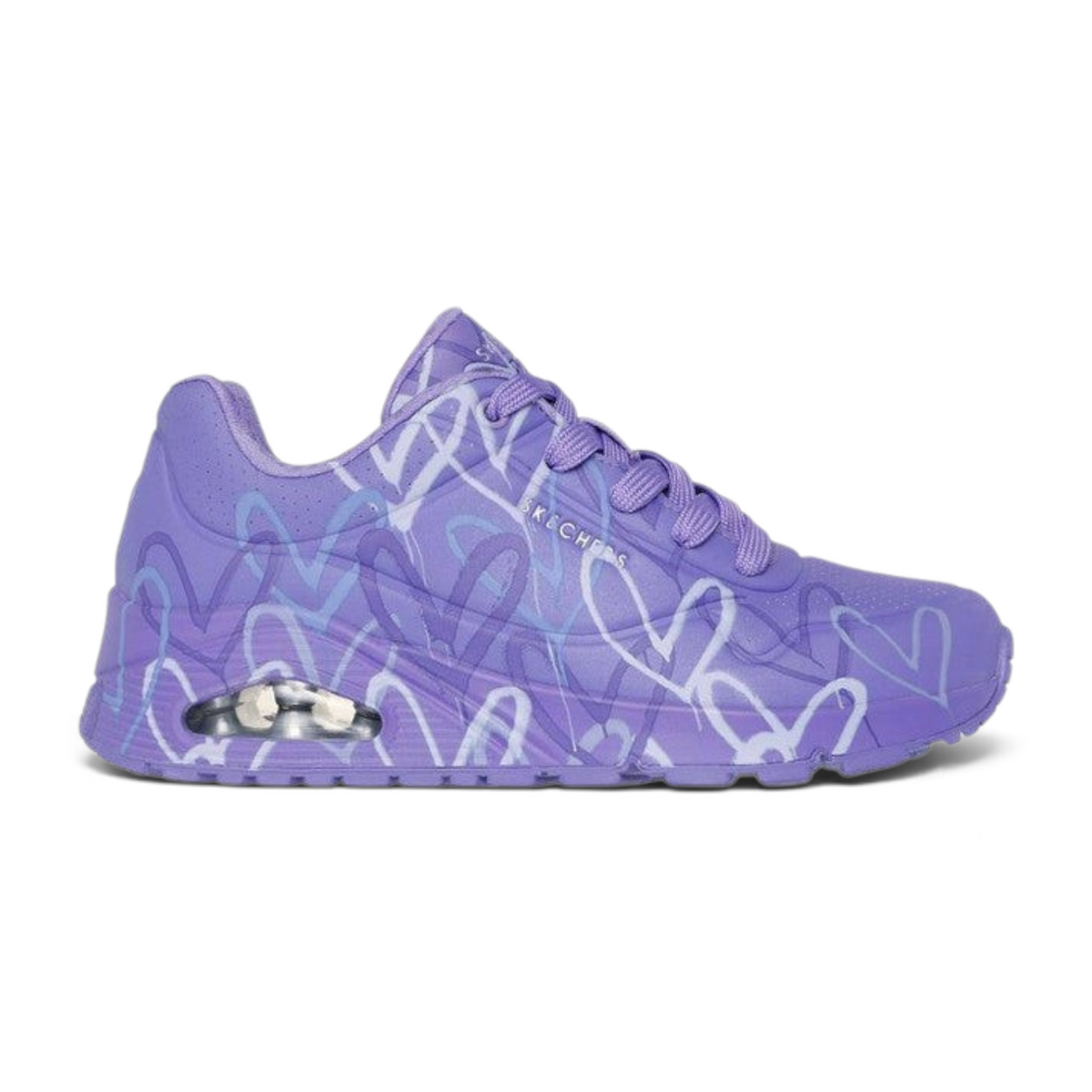 FRG Skechers Street Uno purple wedge sneaker featuring a white heart print pattern and visible air-cushioned sole