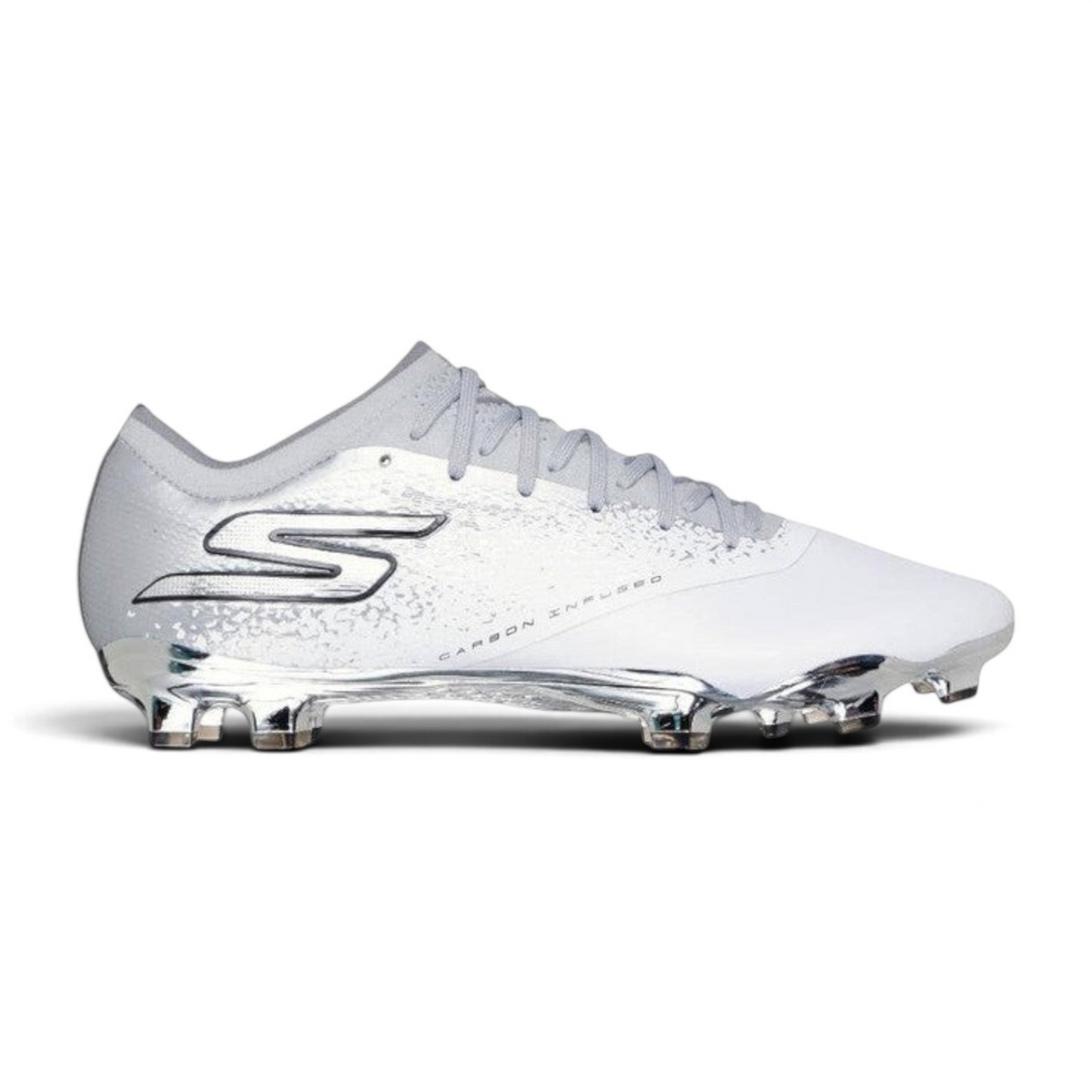 FRG Skechers Razor 1.5 Elite FG soccer cleat in white and silver with a synthetic upper and carbon infused plate.