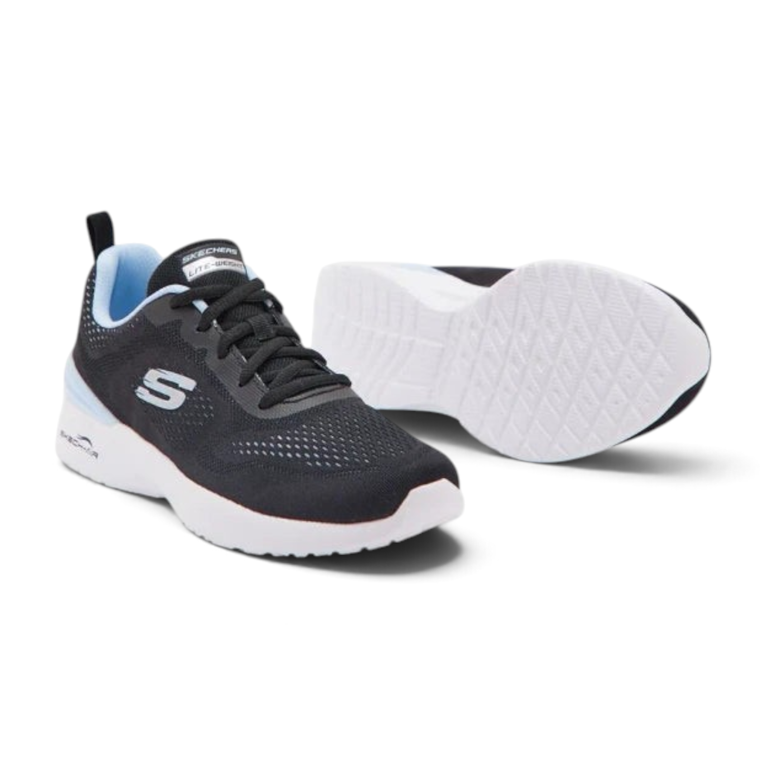 FRG Skechers Skech-Air Dynamight athletic shoe in black with lavender blue accents and white air-cushioned midsole.