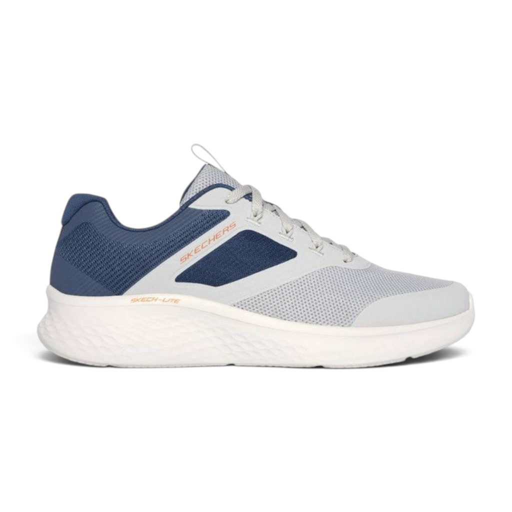 FRG Skechers Skech-Lite Pro lace-up sneaker in gray and navy with breathable mesh and shock-absorbing white sole