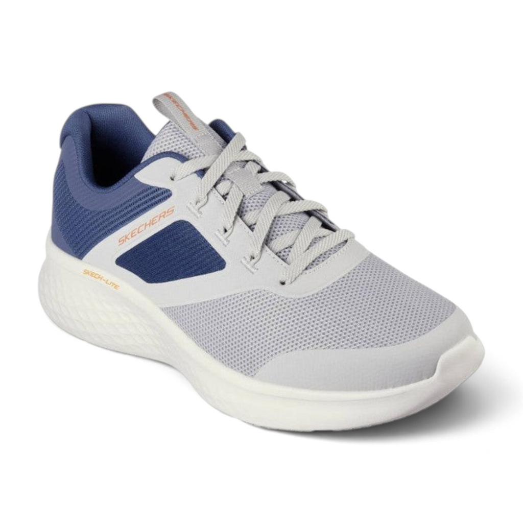 FRG Skechers Skech-Lite Pro lace-up sneaker in gray and navy with breathable mesh and shock-absorbing white sole
