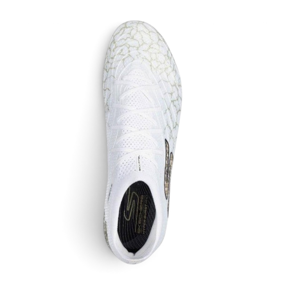 FRG Skechers SKX 01 football boot in white with black and gold accents, featuring P.S.C. moulding and top-down view.