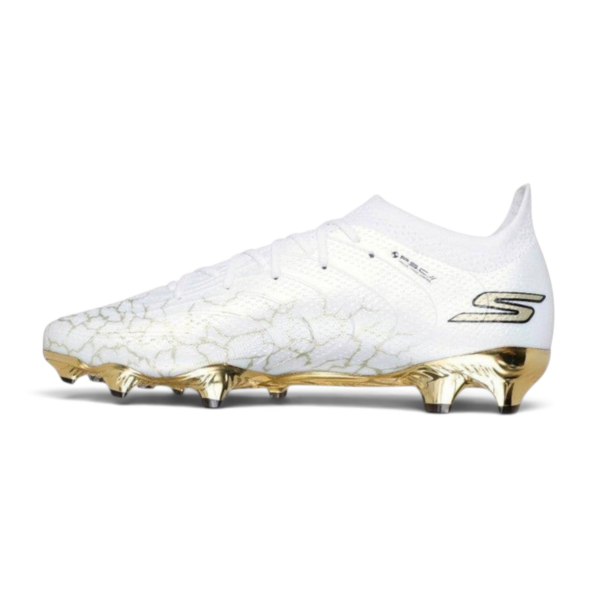 FRG Skechers SKX 01 white football boot with gold accents, featuring PSC moulding and Hyper Burst Pro cushioning.