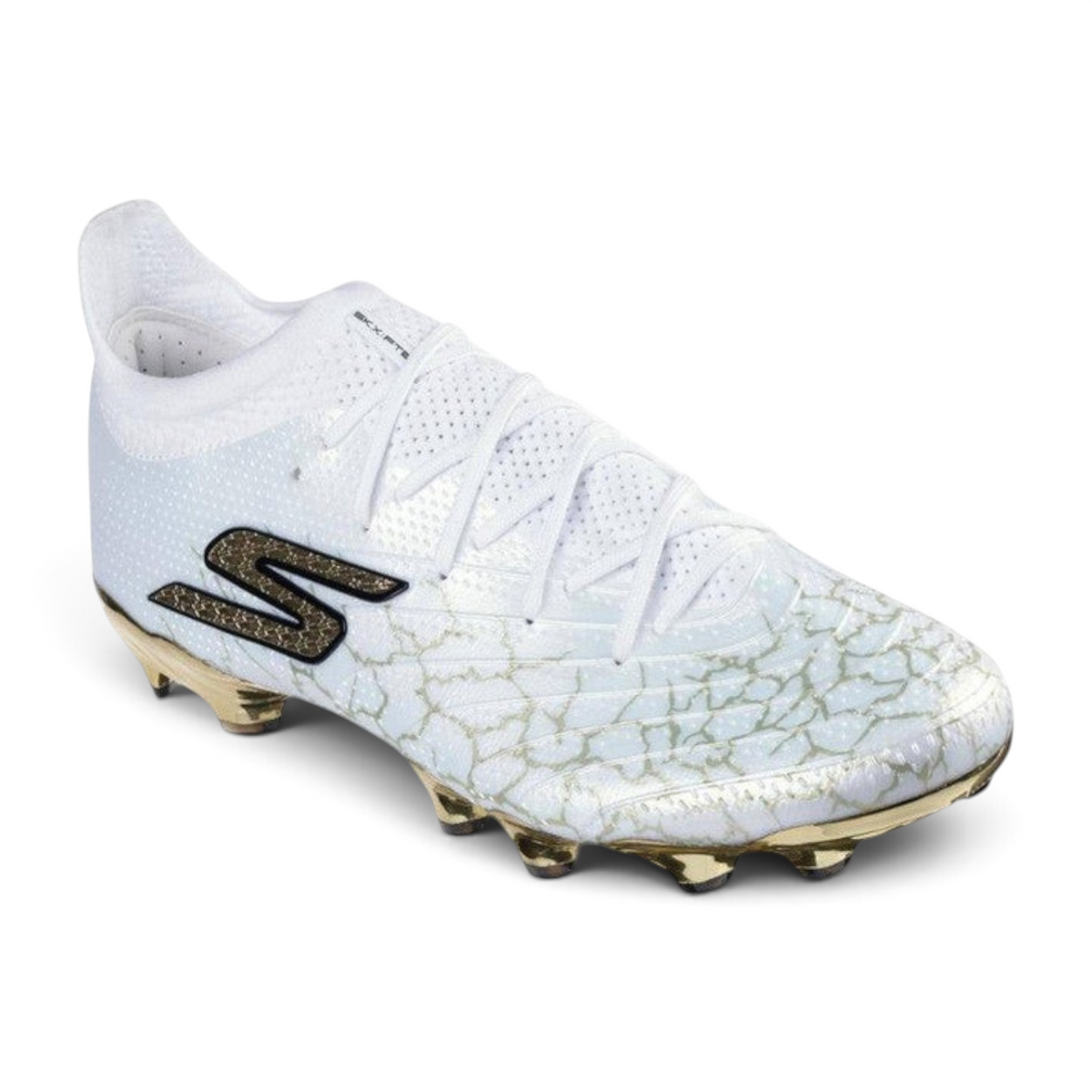 FRG Skechers SKX 01 football boot in white with black and gold accents, featuring P.S.C. moulding and textured finish.