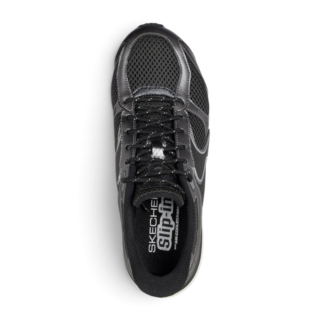 FRG Skechers Slip-ins Exhilarate sneaker in black and grey with metallic overlays and breathable mesh top view
