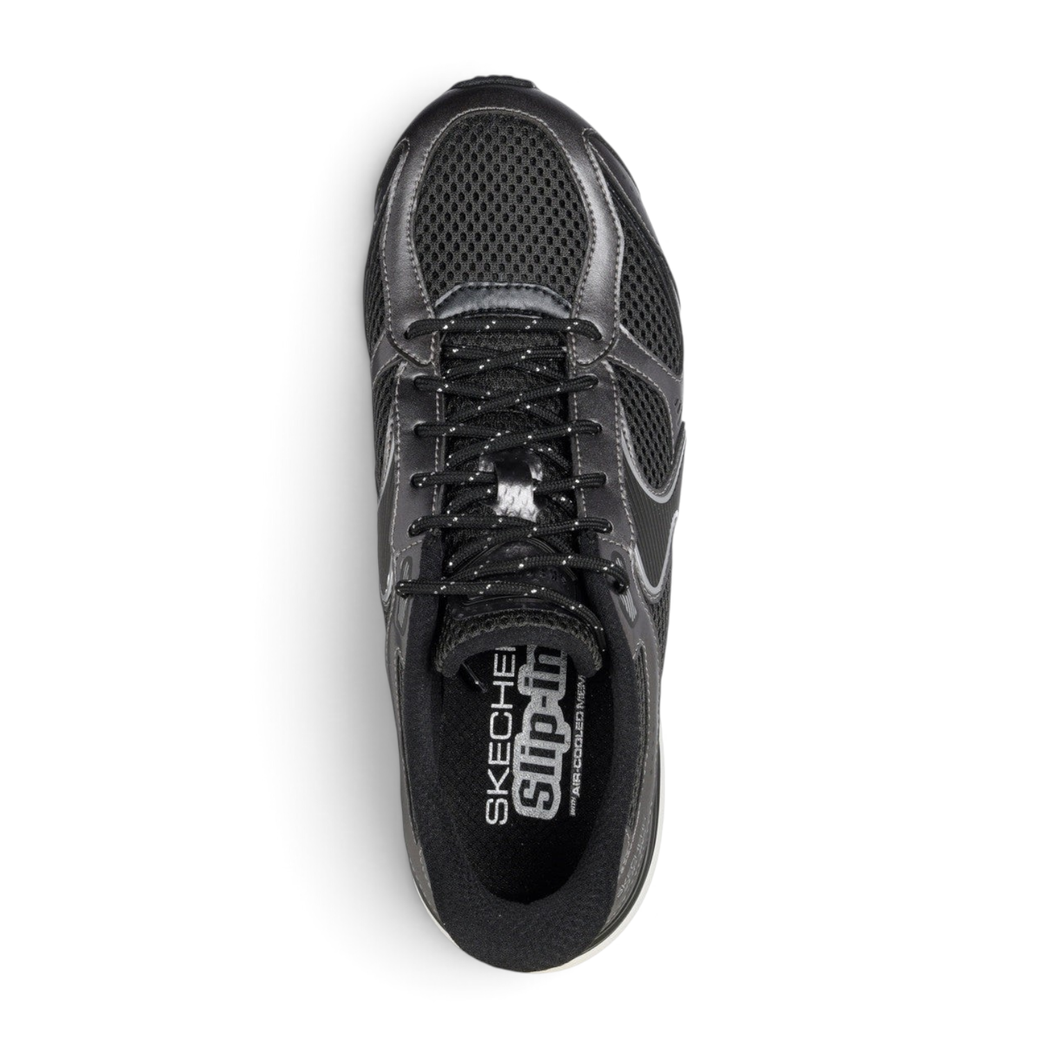 FRG Skechers Slip-ins Exhilarate sneaker in black and grey with metallic overlays and breathable mesh top view