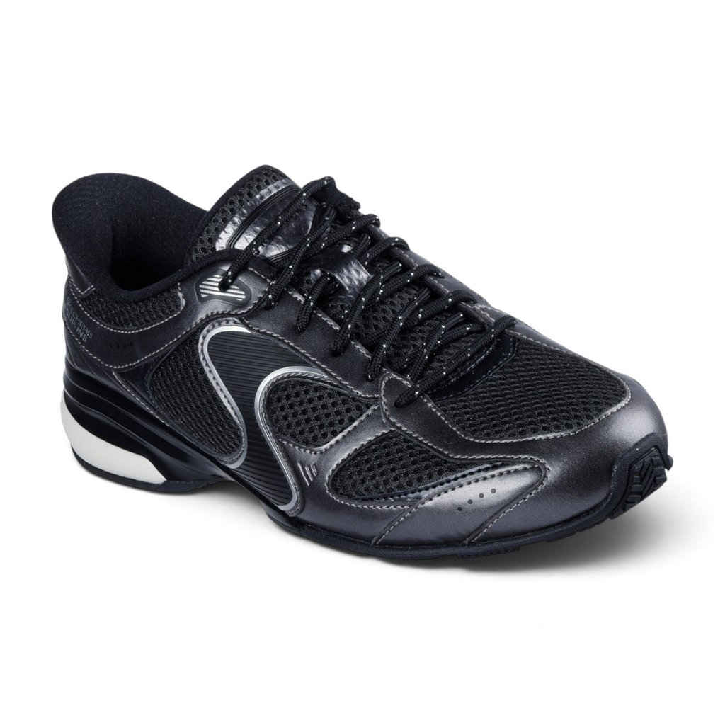 FRG Skechers Slip-ins Exhilarate sneaker in black and grey with metallic overlays and breathable mesh upper.