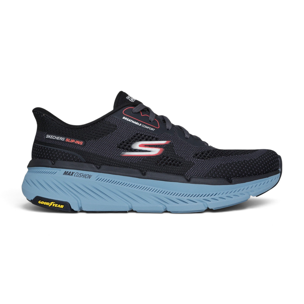 FRG Skechers Slip-ins Max Cushioning Premier 2.0 black running shoe with breathable mesh and Goodyear outsole