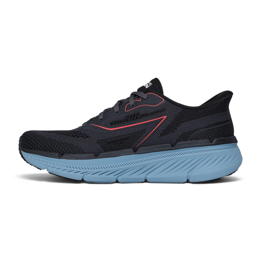 FRG Skechers Slip-ins Max Cushioning Premier 2.0 black running shoe with blue midsole and breathable mesh upper