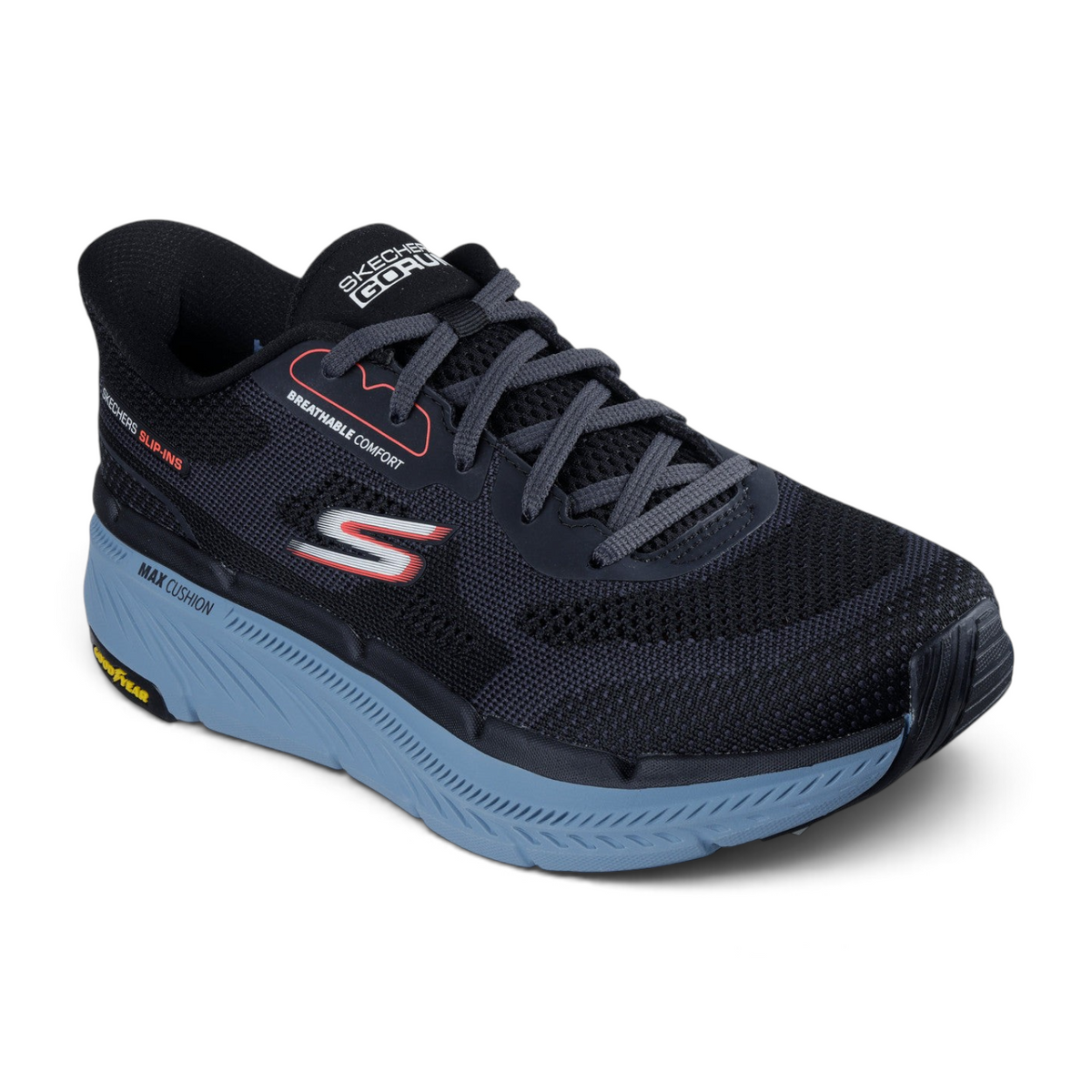 FRG Skechers Slip-ins Max Cushioning Premier 2.0 black breathable sneaker with a blue responsive Goodyear outsole.
