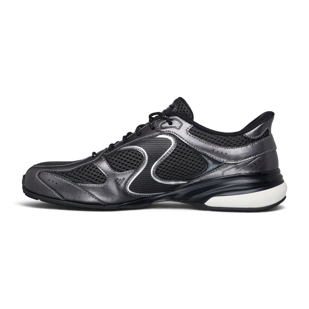 FRG Skechers Slip-ins Exhilarate sneaker in black and grey with metallic overlays and a cushioned white sole.