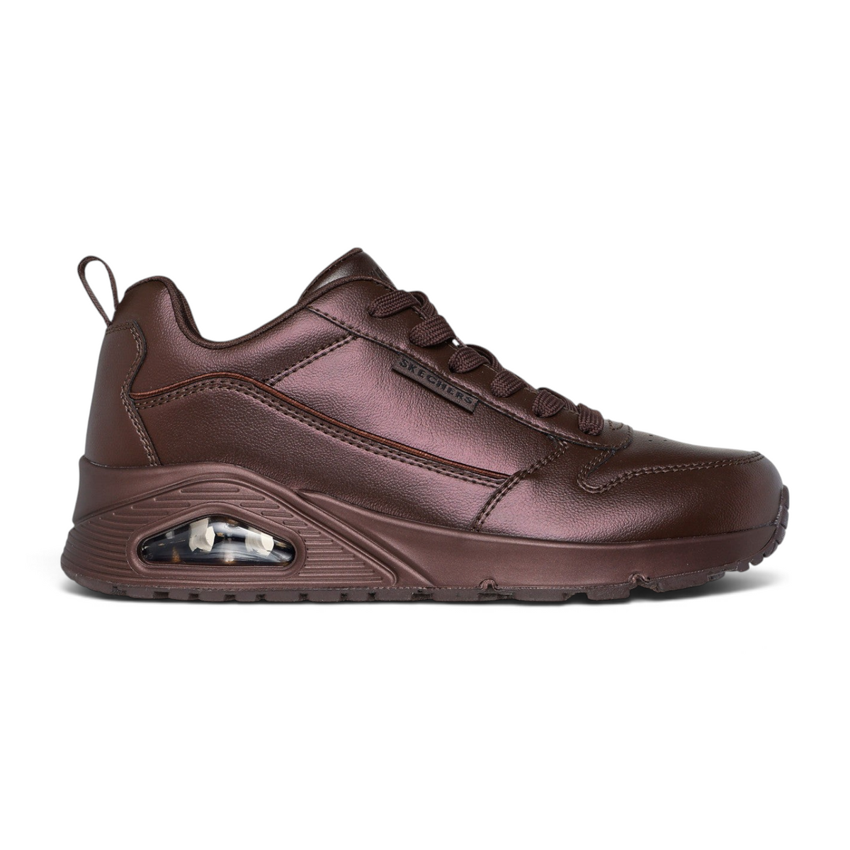 FRG Skechers Street Uno Galactic Gal chocolate brown metallic lace-up sneaker with visible air-cushioned heel