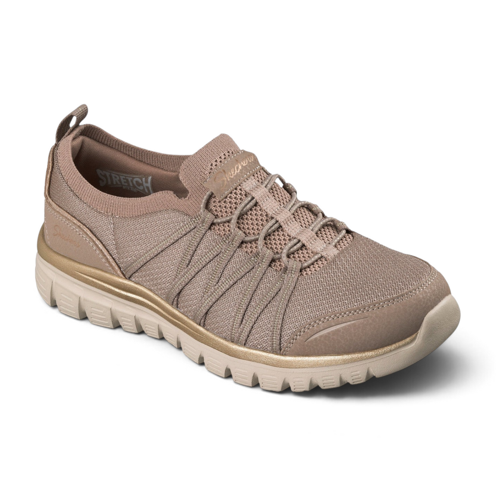 FRG Skechers Graceful Purecrush taupe vegan sneaker with gold accents, stretch laces, and memory foam cushioning