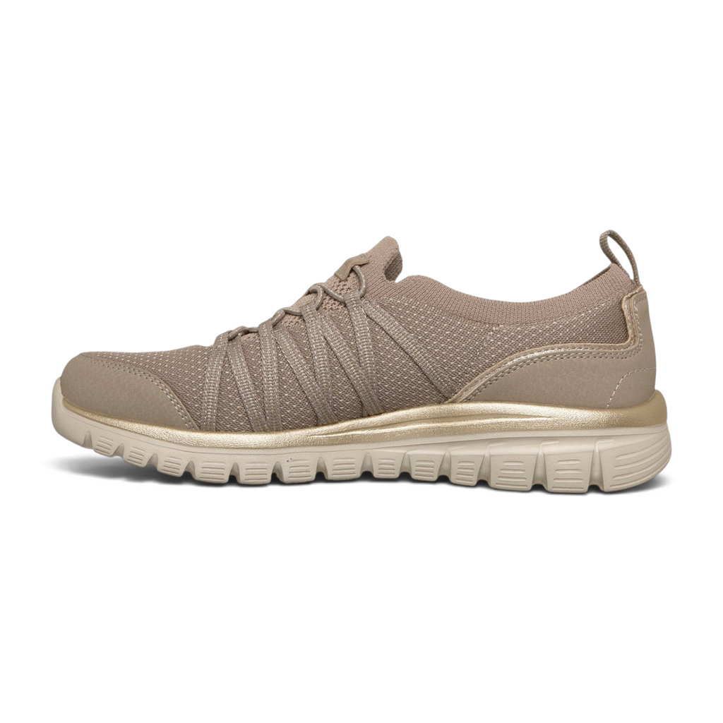 FRG Skechers Graceful Purecrush taupe vegan sneaker with gold accents, stretch laces, and memory foam sole