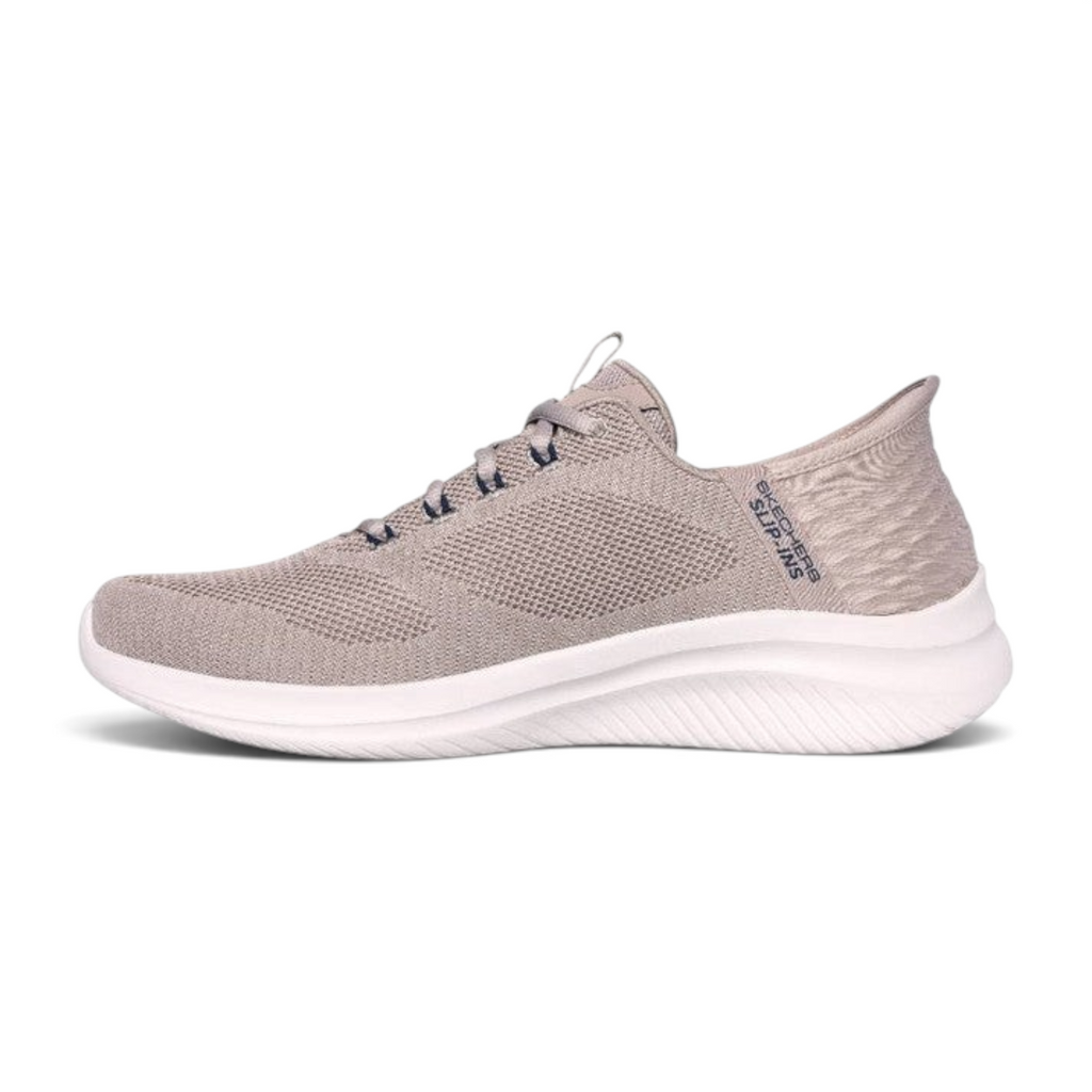 FRG Skechers Slip-Ins Ultra Flex 3.0 in taupe with a breathable knit upper and cushioned white sole