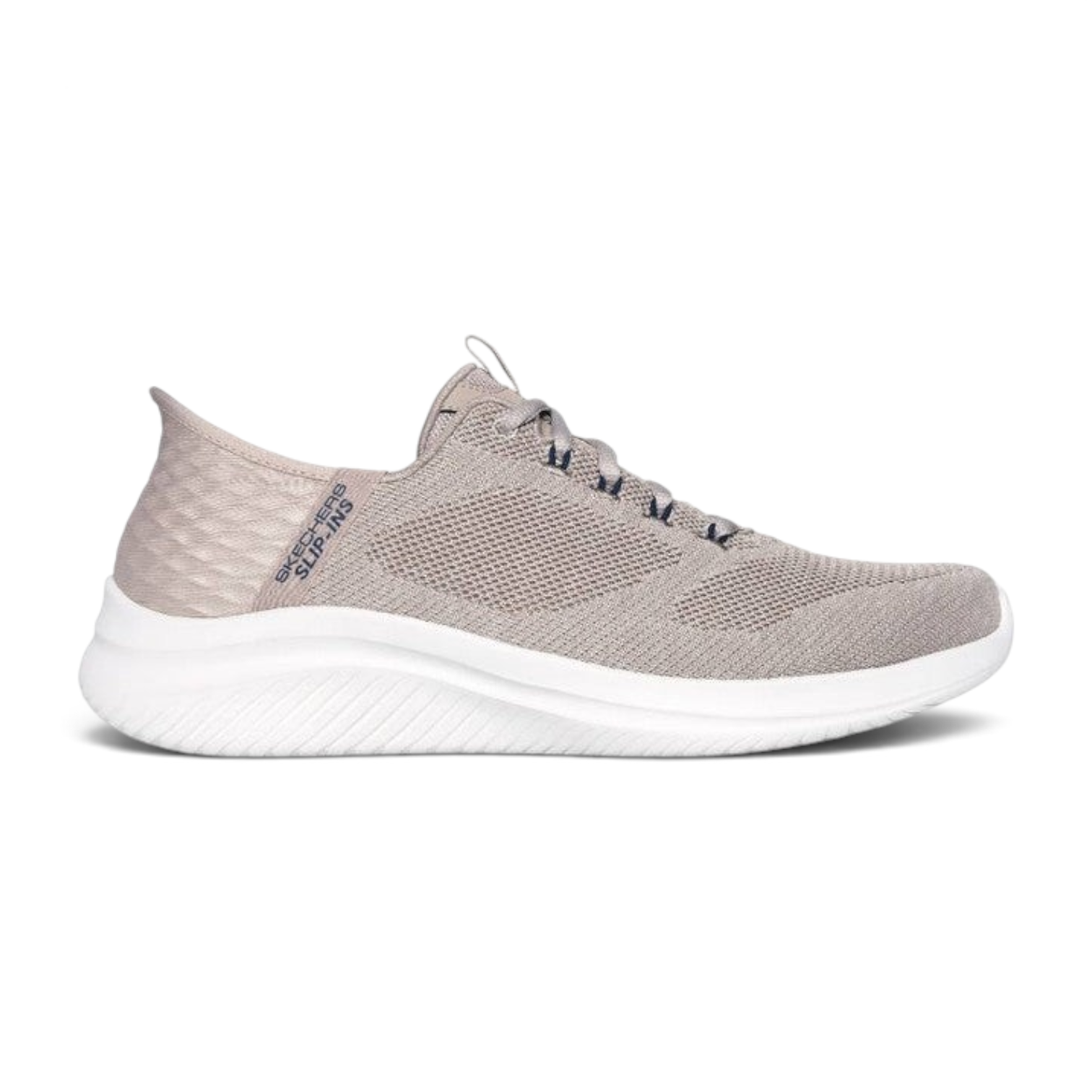 FRG Skechers Slip-Ins Ultra Flex 3.0 taupe vegan knit sneaker with white cushioned sole and hands-free heel design