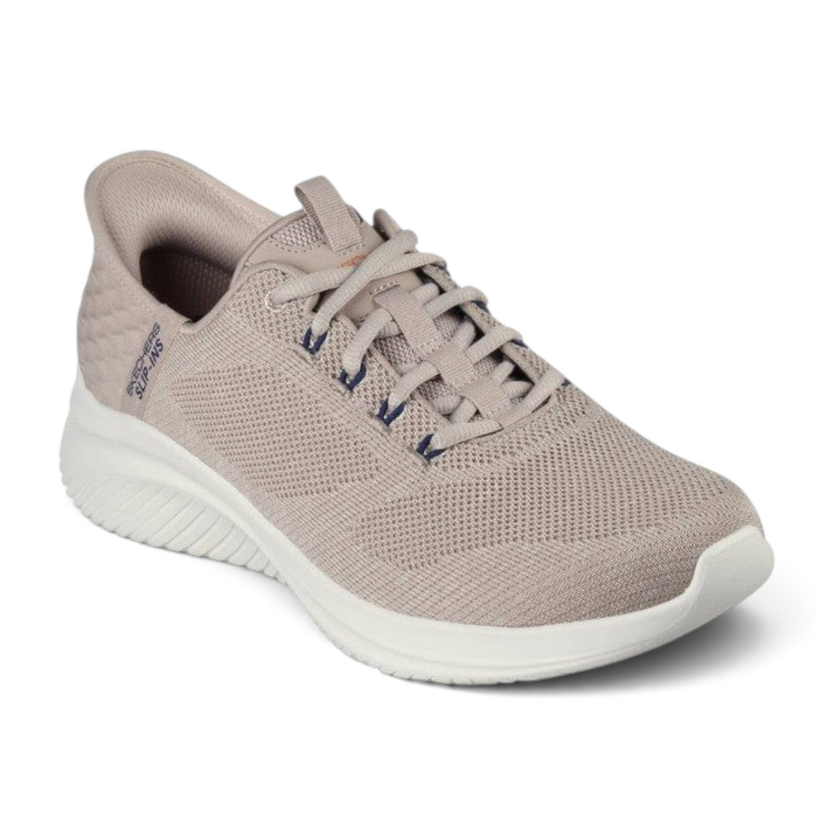 FRG Skechers Slip-Ins Ultra Flex 3.0 taupe vegan knit sneaker with cushioned memory foam and pop-up heel panel