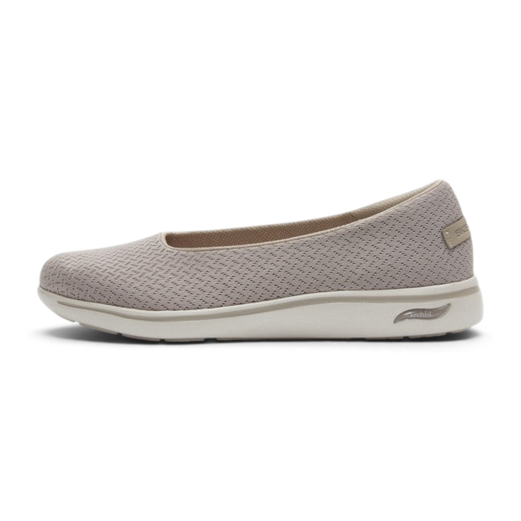 FRG Skechers Arch Fit Uplift taupe mesh skimmer flat with lightweight cushioning and arch support insole