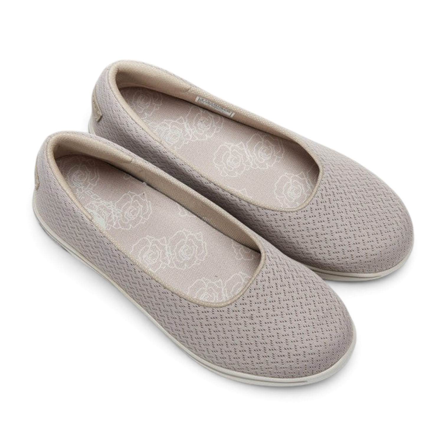 FRG Skechers Arch Fit Uplift taupe mesh skimmer flats with floral print insoles and lightweight cushioning