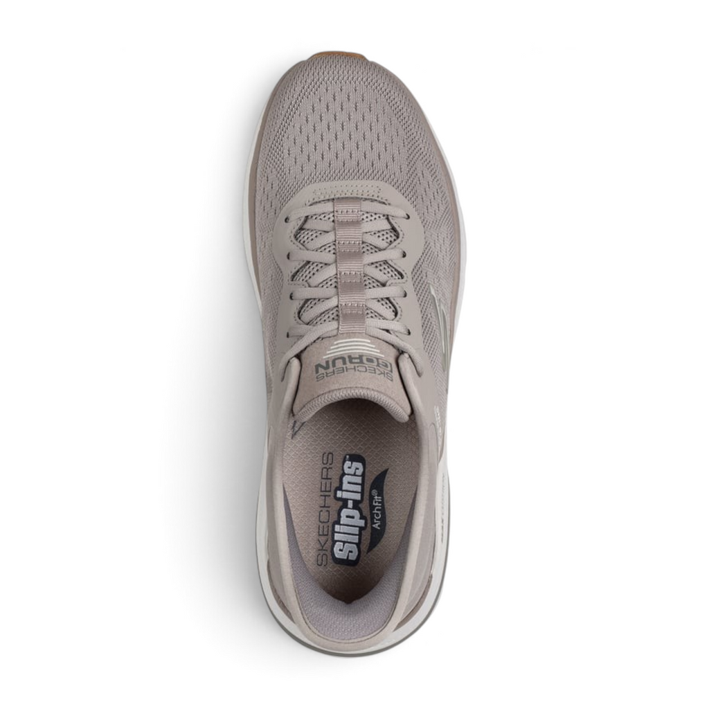 FRG Skechers Max Cushioning Arch Fit 2.0 slip-in running shoe in taupe mesh with arch support, top view.