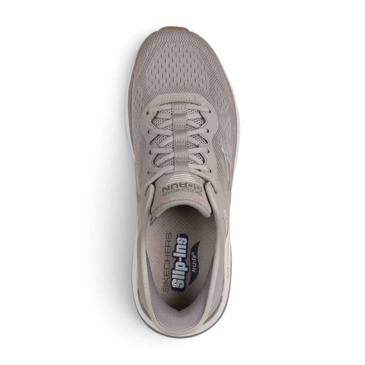 FRG Skechers Max Cushioning Arch Fit 2.0 slip-in running shoe in taupe mesh with arch support, top view.