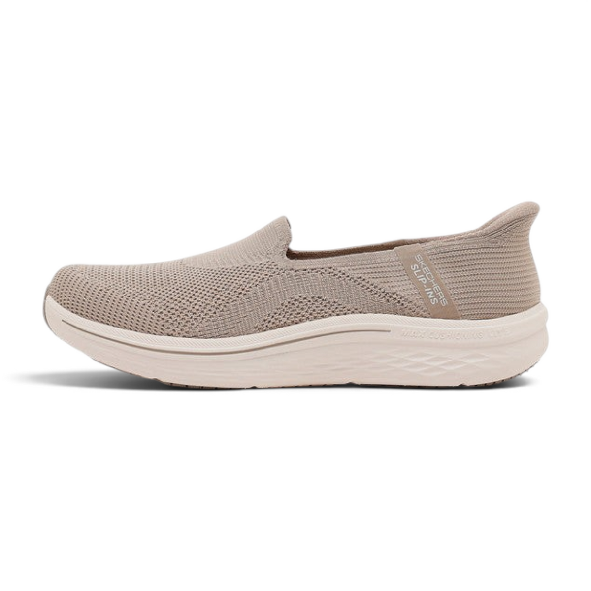 FRG Skechers Max Cushioning Lite Aura Tessa taupe vegan slip-on sneaker with engineered knit upper and thick midsole