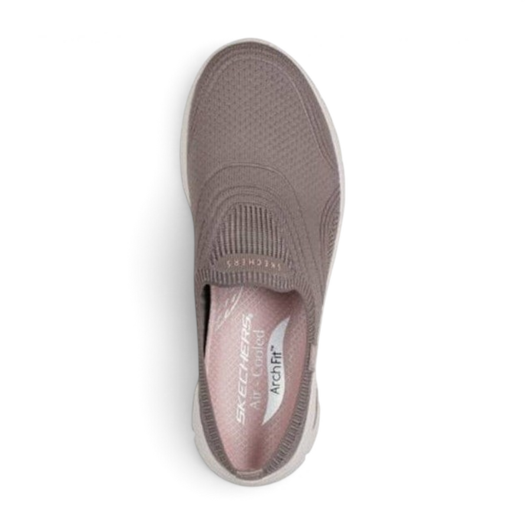 FRG Skechers Arch Fit Refine 2.0 taupe vegan slip-on sneaker with stretch-knit upper and arch-support cushioning