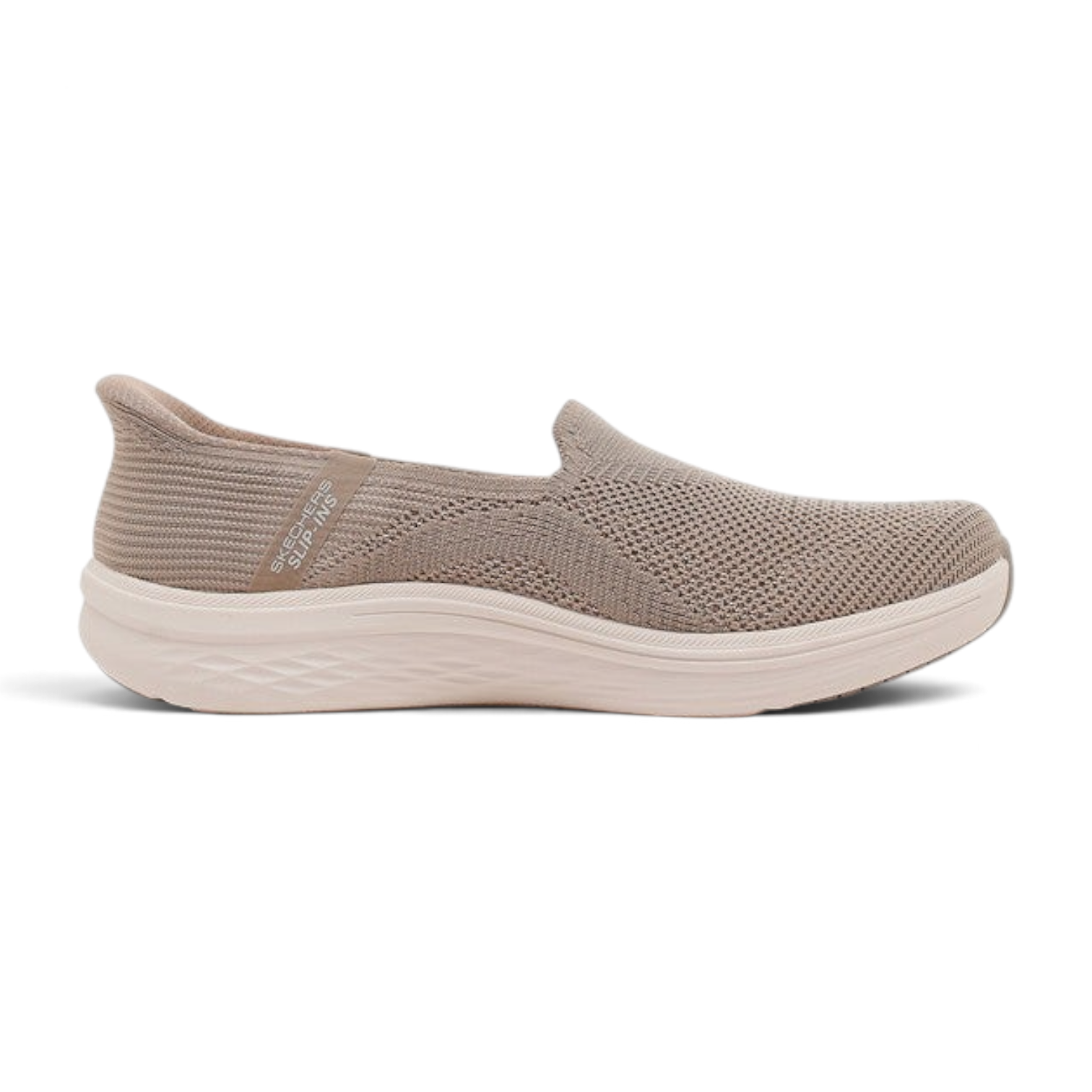 FRG Skechers Max Cushioning Lite Aura Tessa taupe vegan slip-on sneaker with engineered knit upper and thick midsole
