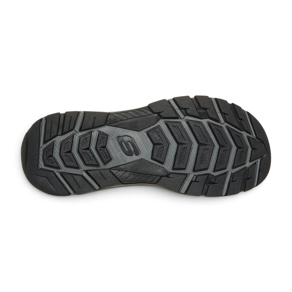 FRG Skechers Tresmen Garo charcoal sandal showing the durable rubber Steady Grip tread pattern on the sole