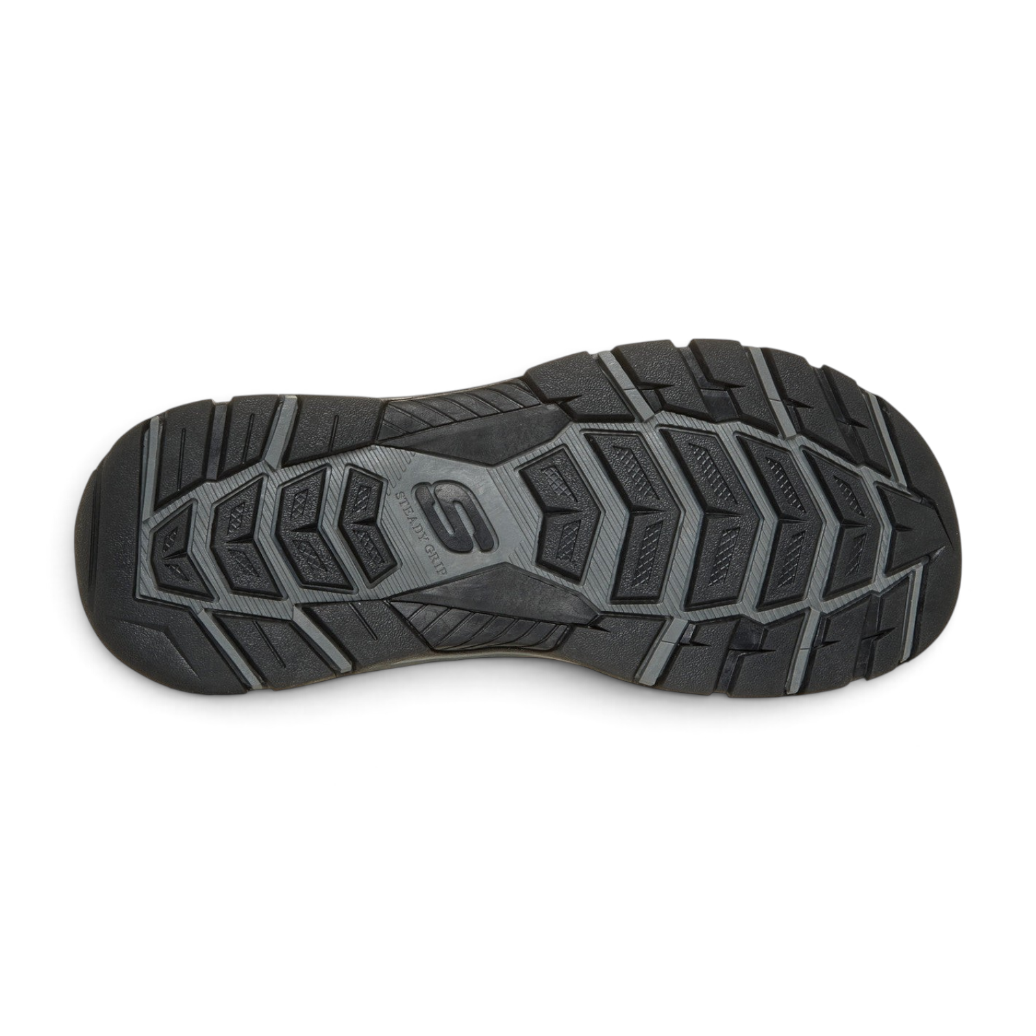 FRG Skechers Tresmen Garo charcoal sandal showing the durable rubber Steady Grip tread pattern on the sole