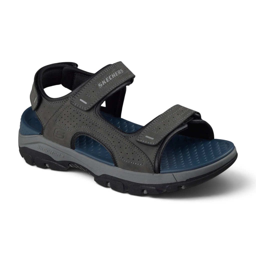 FRG Skechers Tresmen Garo charcoal open-toe sandals with adjustable straps and cushioned blue footbed