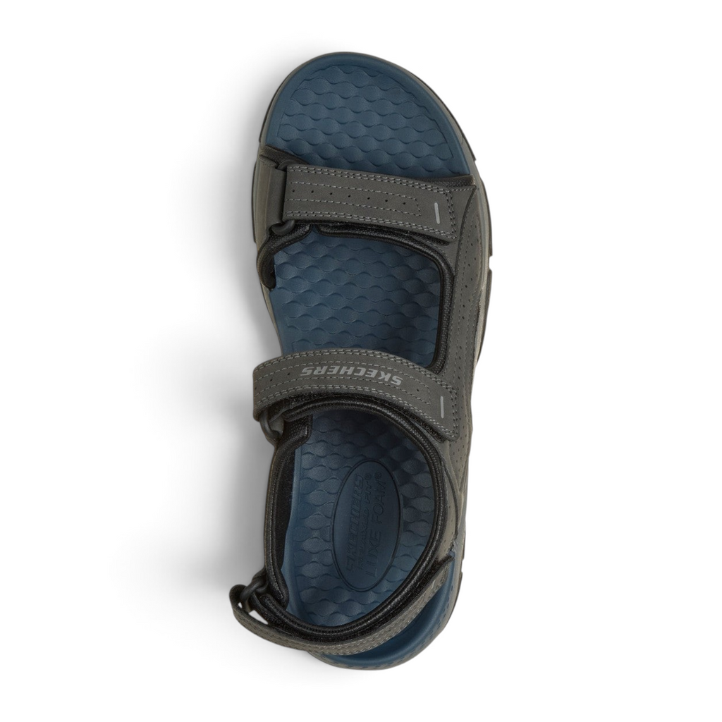 FRG Skechers Tresmen Garo charcoal open-toe sandal with adjustable straps and blue cushioned footbed