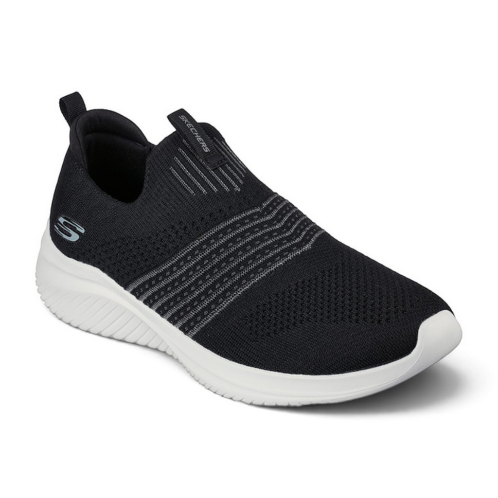 FRG Skechers Ultra Flex 3.0 black slip-on sneaker with a white cushioned sole and breathable stretch-knit upper