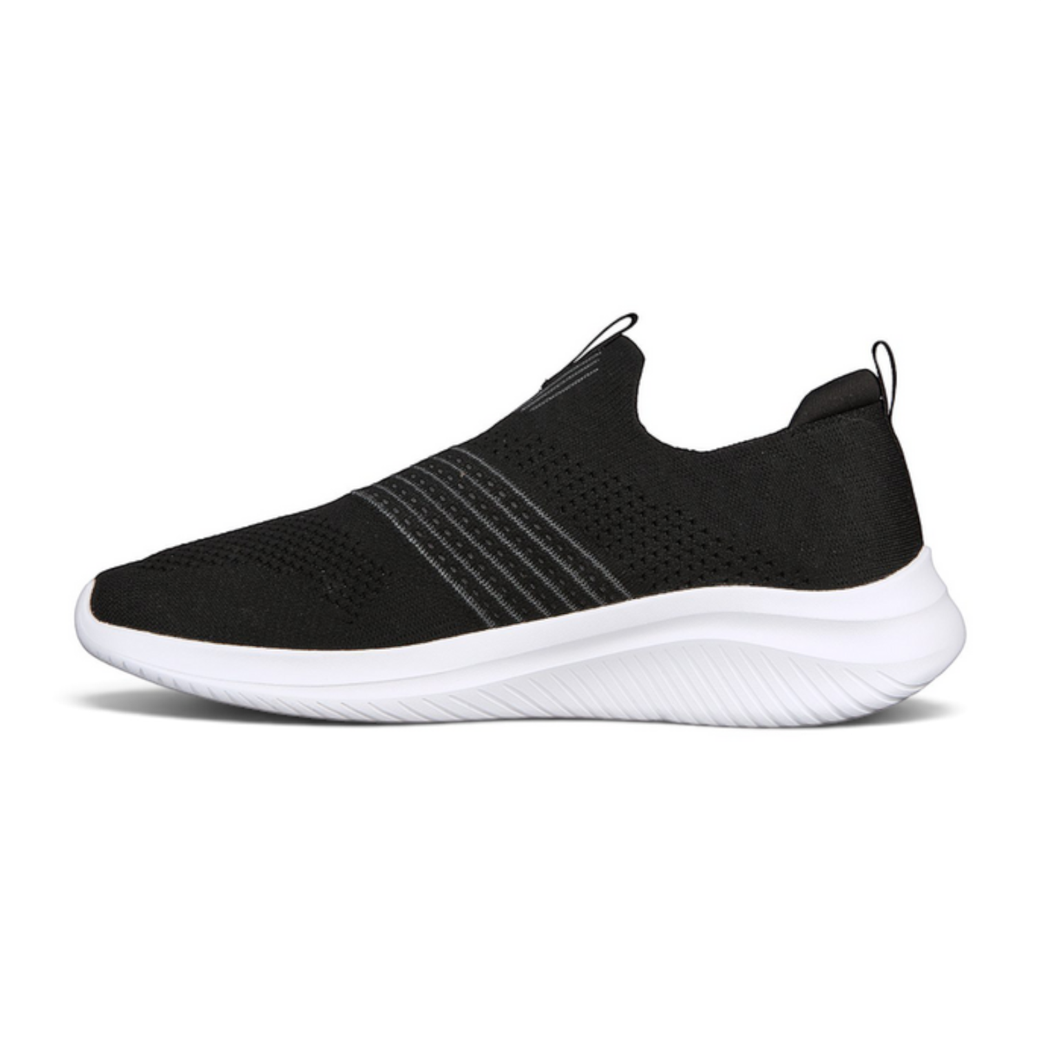 FRG Skechers Ultra Flex 3.0 black slip-on sneaker with a white cushioned sole and breathable stretch-knit upper