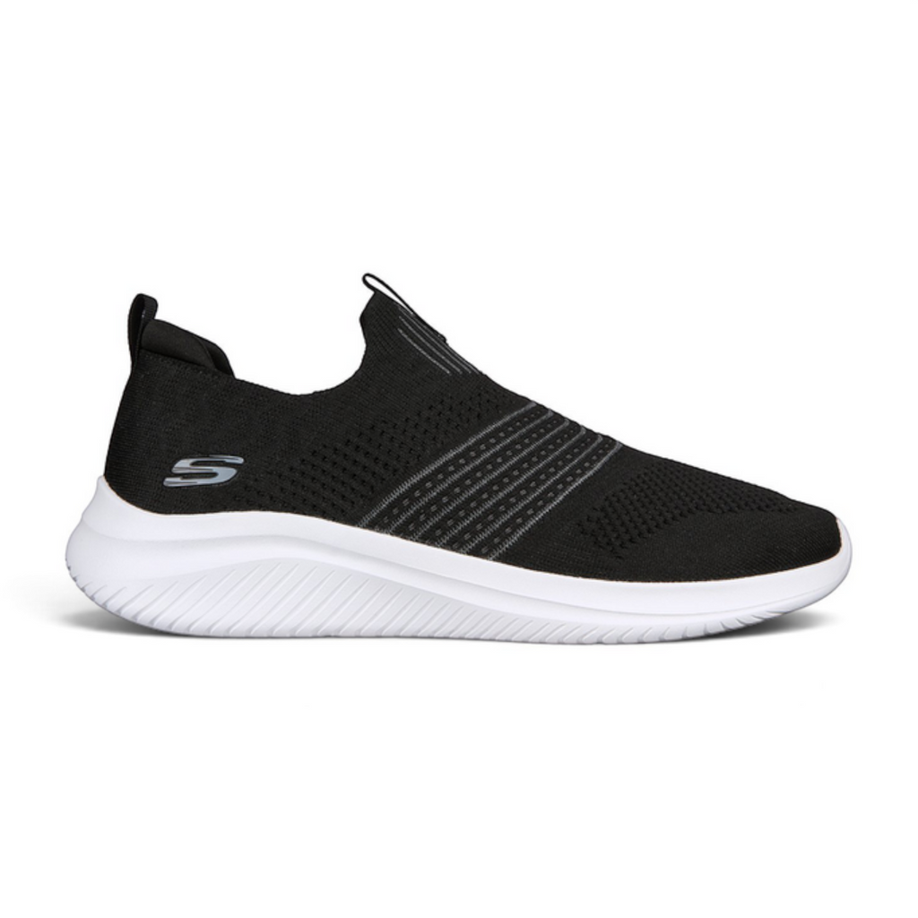 FRG Skechers Ultra Flex 3.0 black slip-on sneaker with a stretch-knit upper and white cushioned memory foam sole