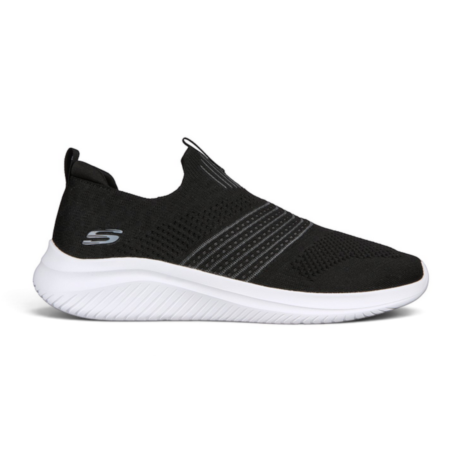 FRG Skechers Ultra Flex 3.0 black slip-on sneaker with a stretch-knit upper and white cushioned memory foam sole