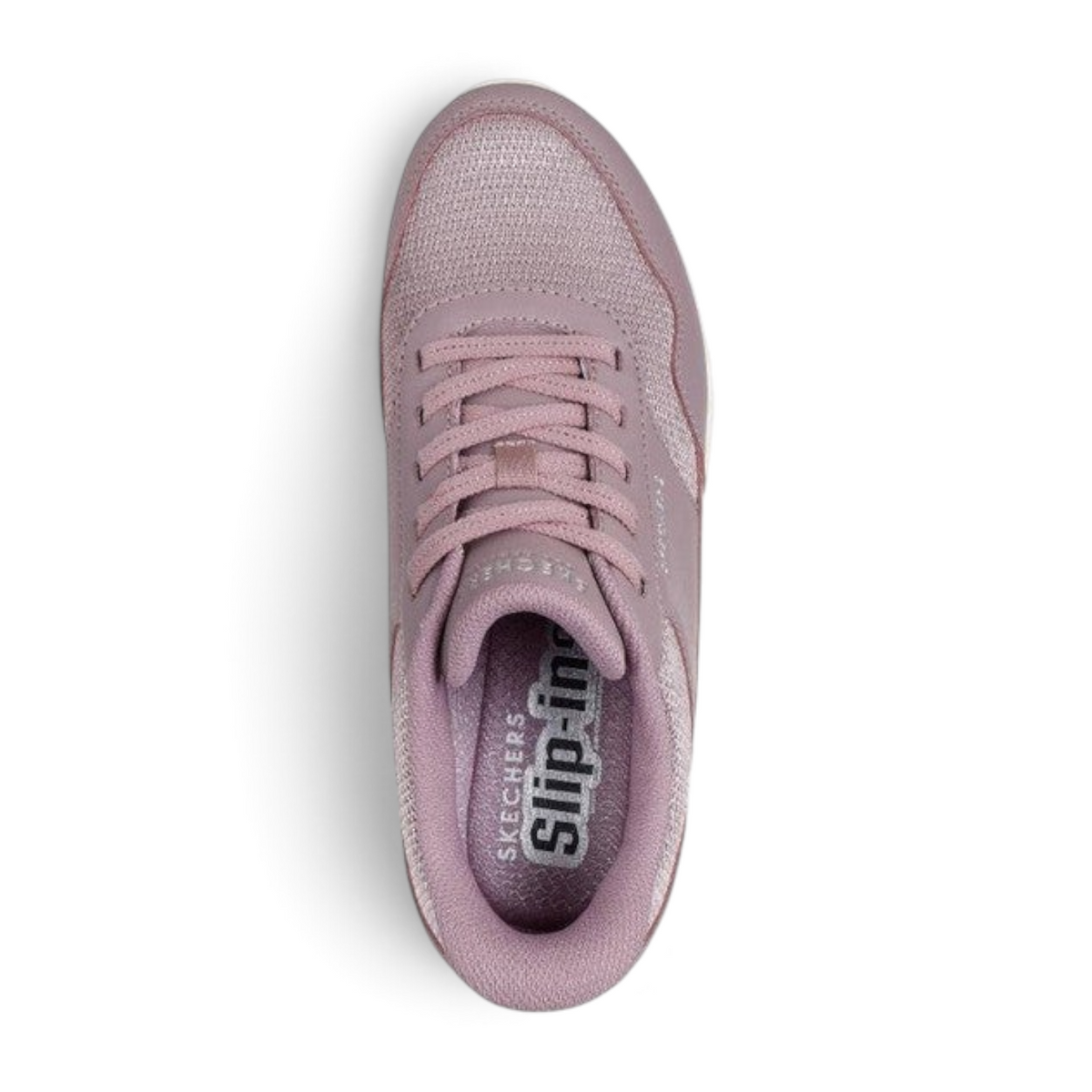 FRG Skechers Uno Banksia mauve sneaker with mesh and duraleather upper, top-down view showing slip-in design.