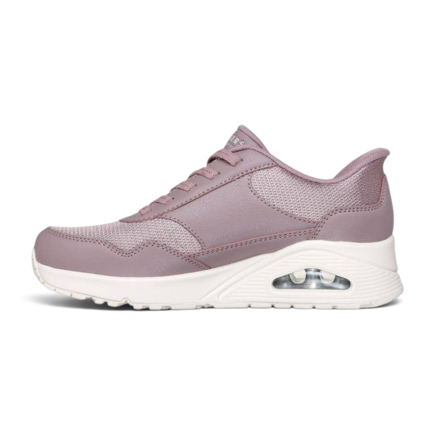 FRG Skechers Uno Banksia mauve sneaker with duraleather and mesh upper, visible airbag midsole, and side view.