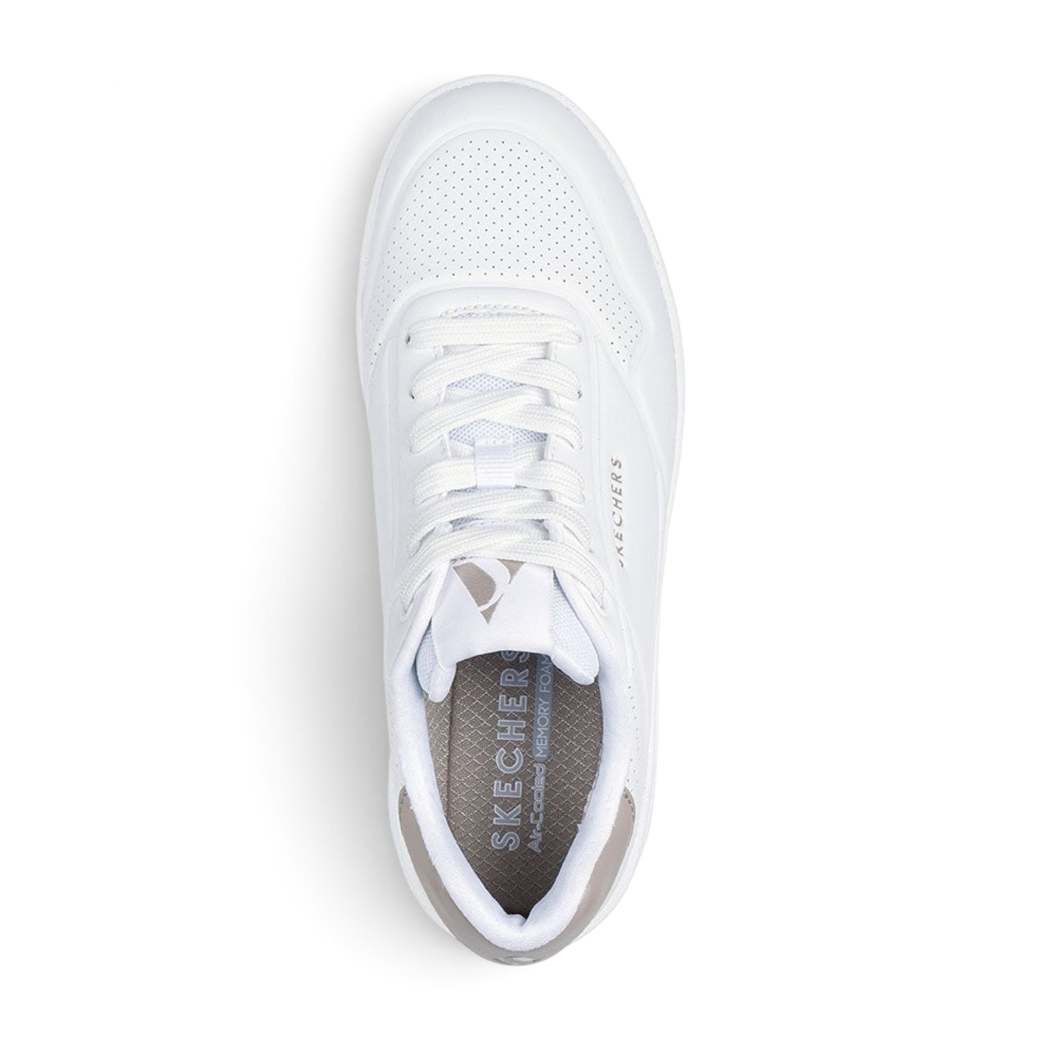 FRG Skechers Uno Court white and purple sneaker with embossed duraleather upper and air-cushioned midsole, top view