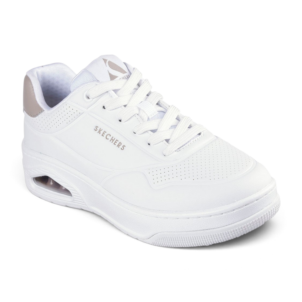 FRG Skechers Uno Court Fast Break white sneaker with purple accents, embossed duraleather, and air-cushioned midsole.
