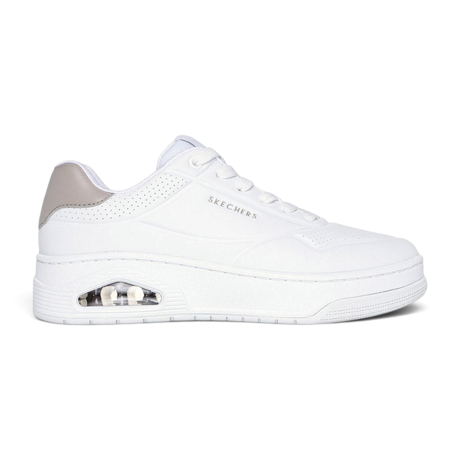 FRG Skechers Uno Court Fast Break white sneaker with purple heel detail, duraleather upper, and air-cushioned midsole