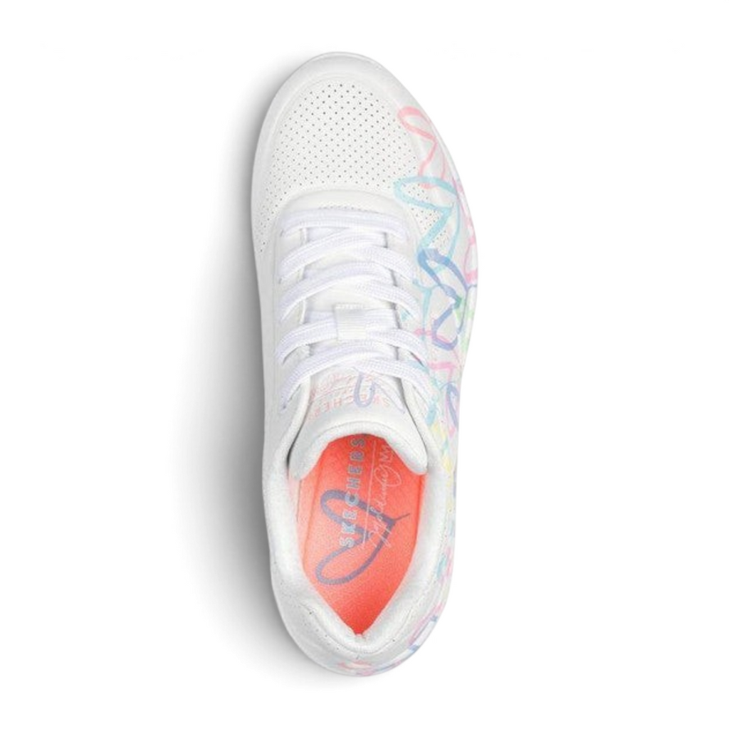 FRG Skechers Uno Spread the Love platform sneaker in white with colorful heart print and pink insole, top view