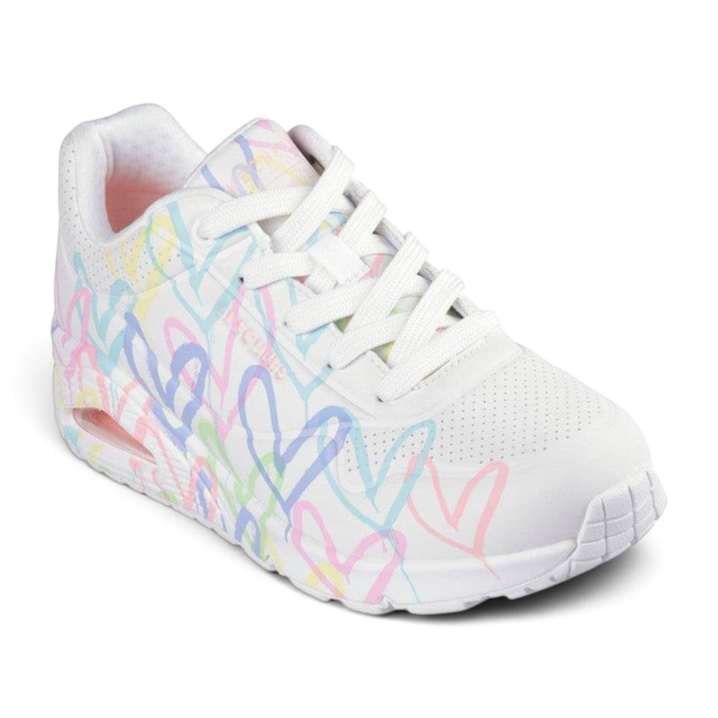FRG Skechers Uno platform sneaker in white with colorful heart print by JGoldcrown and visible air-cushioned heel