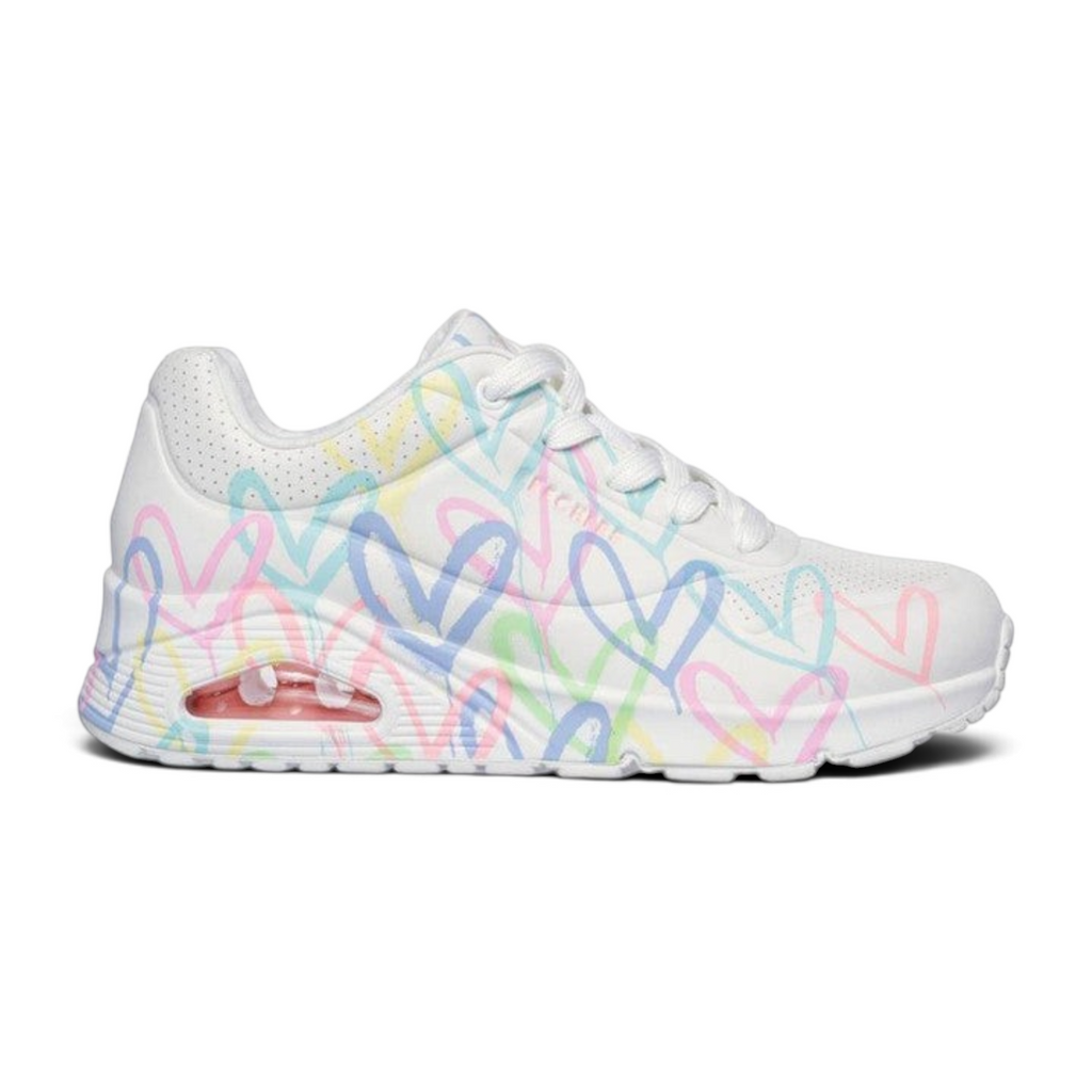 FRG Skechers Uno platform sneaker in white with colorful heart print by JGoldcrown and visible air-cushioned heel