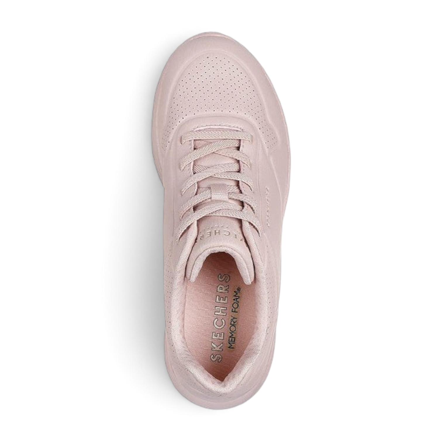 FRG Skechers Uno Lite blush satin fashion sneaker with synthetic duraleather upper and memory foam insole top view