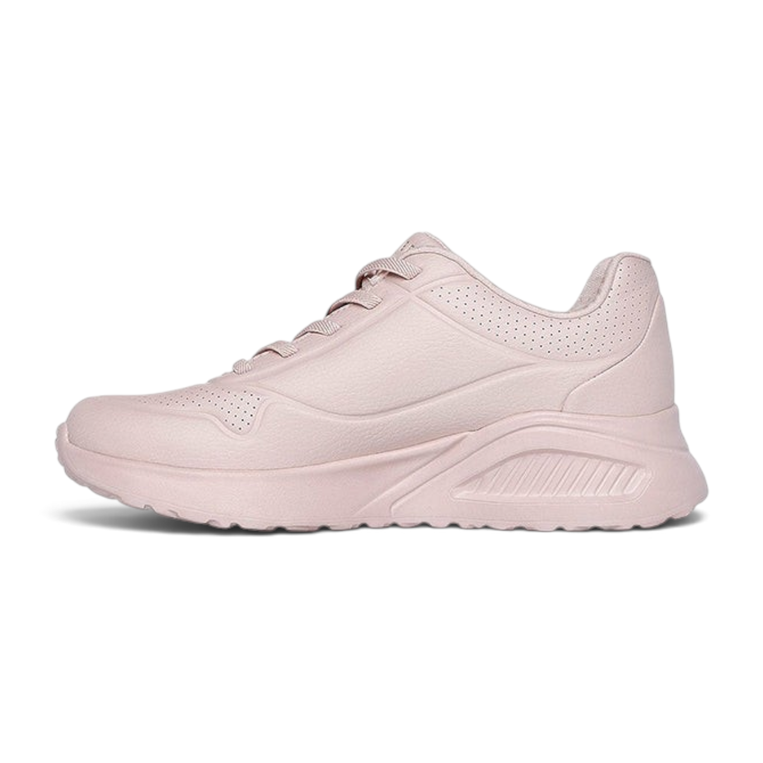 FRG Skechers Uno Lite fashion sneaker in blush pink synthetic duraleather with a platform wedge midsole