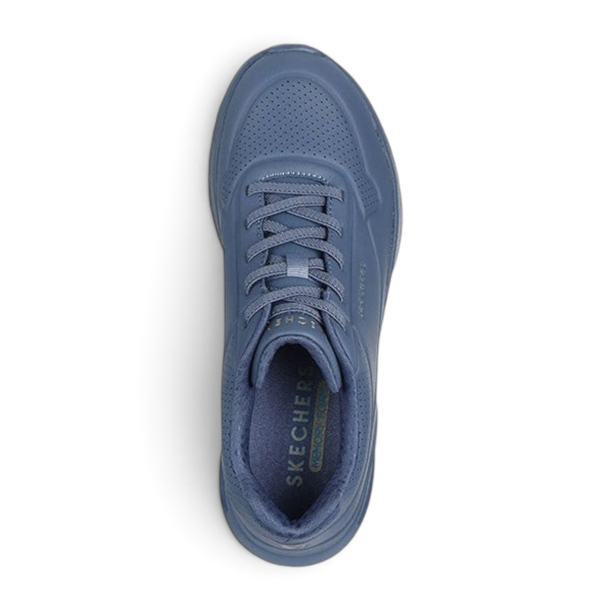 FRG Skechers Uno Lite dark blue fashion sneaker with synthetic duraleather upper and stretch laces, top view.