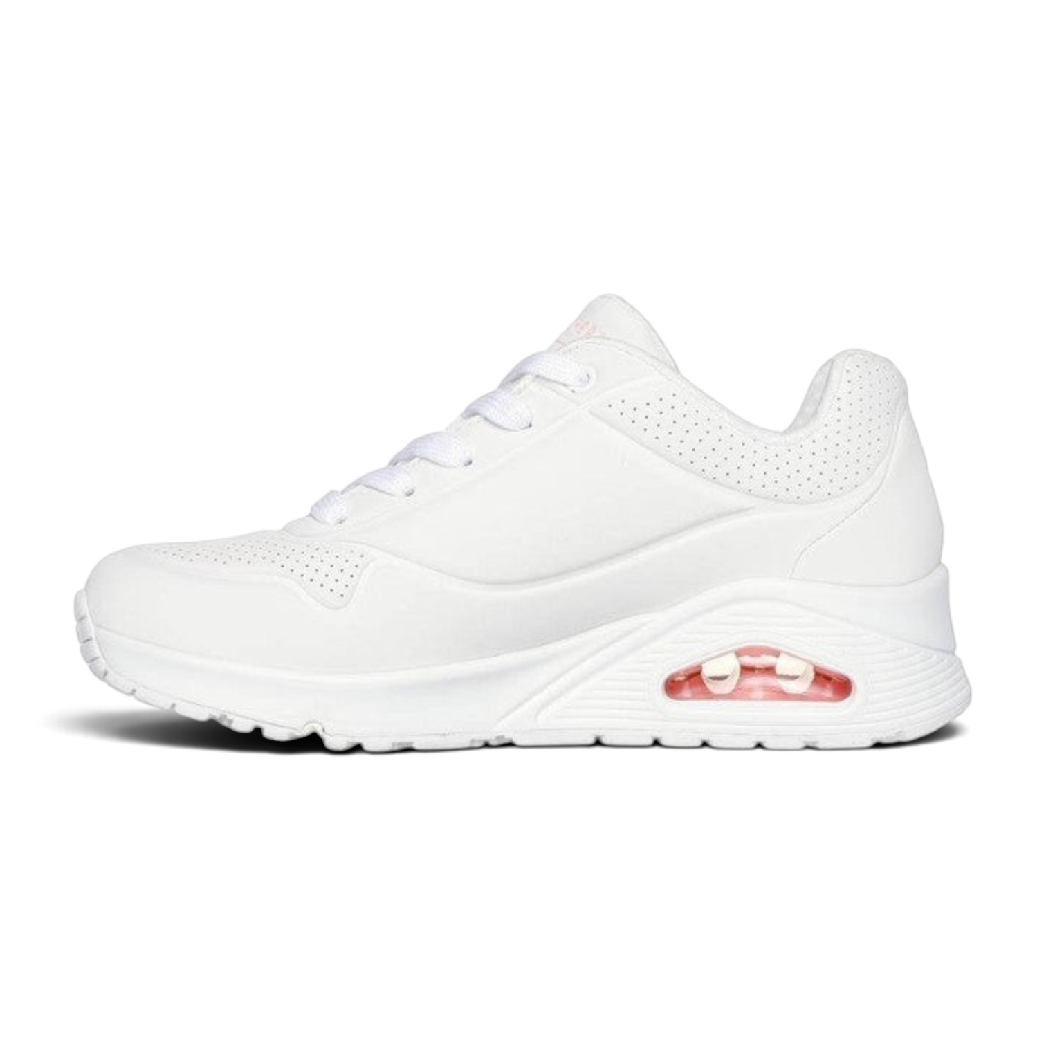 FRG Skechers Uno platform sneaker in white with pink and turquoise heart print and visible air-cushioned heel