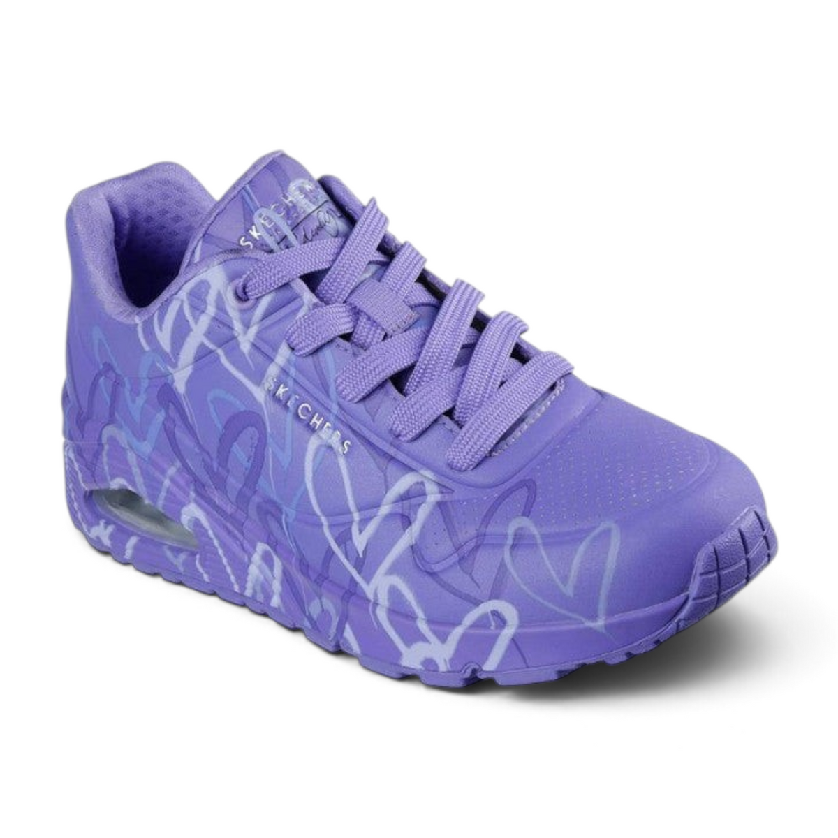 FRG Skechers Street Uno Spread the Love purple wedge sneaker featuring a white heart print and cushioned sole.